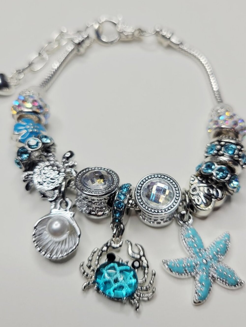 NWT Pandora Style Charm Bracelet Turtle Blue Crab, Starfish, Shells, Rhinestones